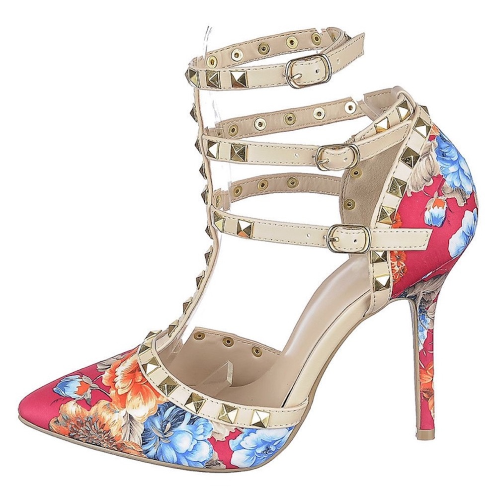 Wild Diva Lounge floral studded pointy toe high heel shoes stilettos